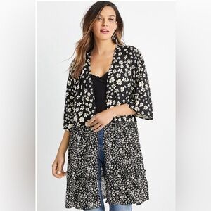 Maurices Black White Ditsy Daisy Floral Tiered Floral Kimono Plus Size 1X